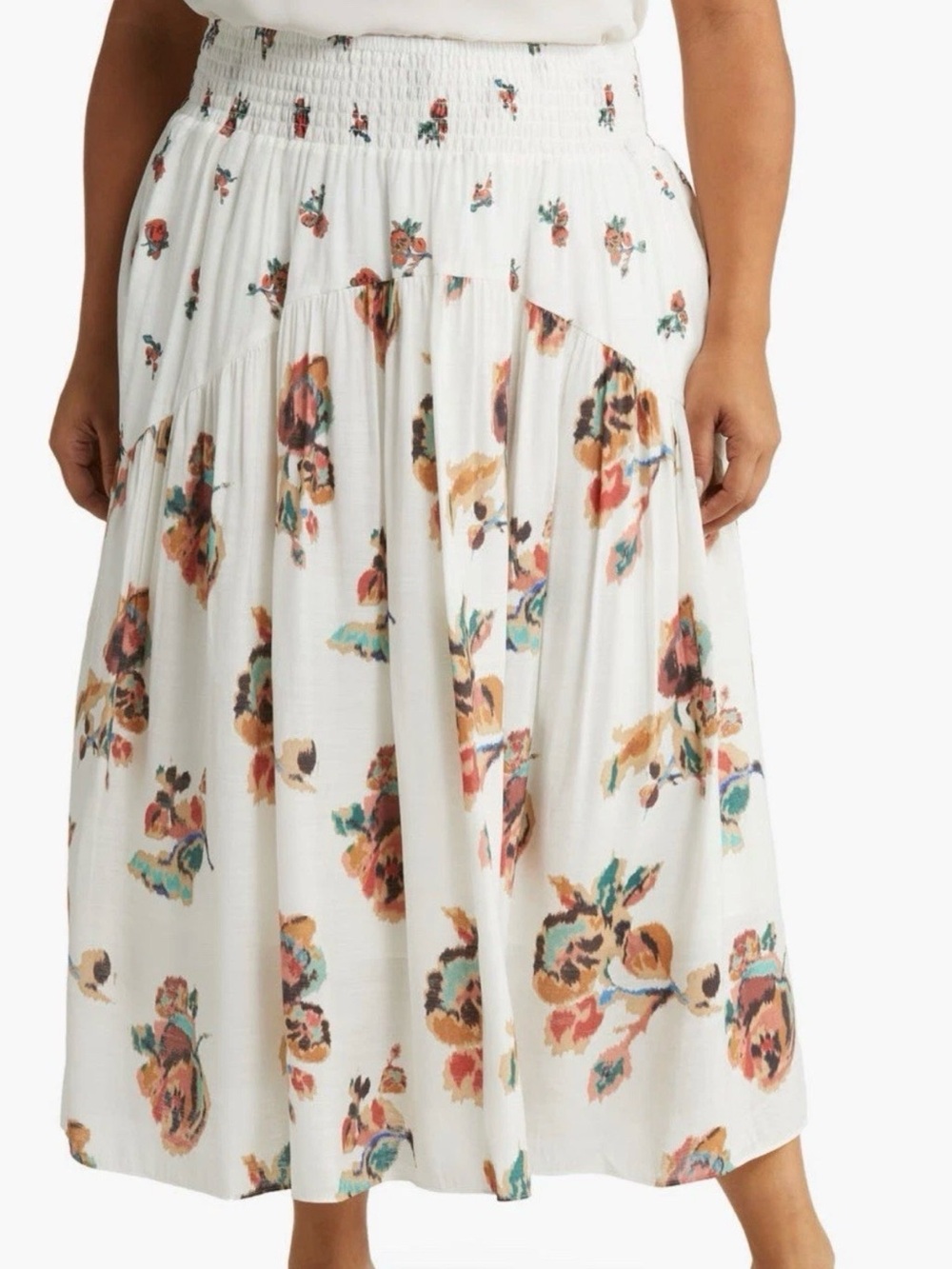 Women’s Vince Ikat Floral Print Smocked Waist Midi Skirt 2X Plus Size White NWT